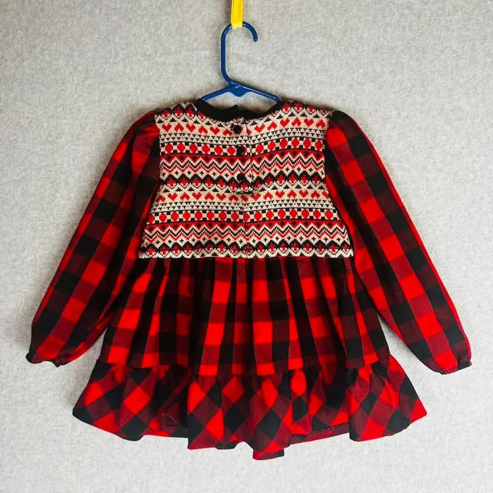 Bonnie Baby Girls Sz 4T Dress Buffalo Plaid Red Black Long‎ Sleeve Button